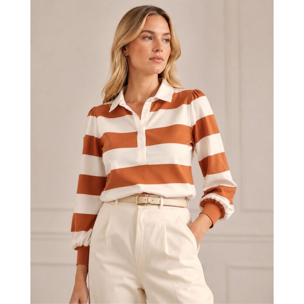 NWOT Veronica Beard presto Striped Rugby Polo Blouse | Quiet Luxury Puff Sleeve